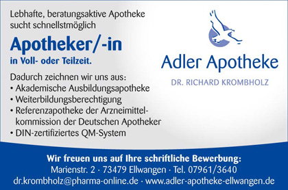 Wir suchen Verst�rkung f�r unser Team: Apotheker/in Vollzeit