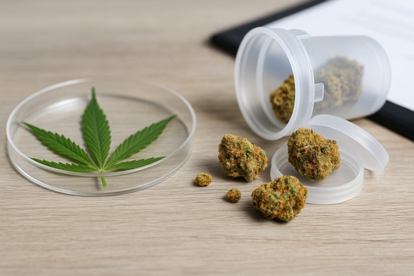 Medizinisches Cannabis – Laboransicht mit Blatt und Blüten Nahaufnahme eines Cannabisblattes in einer Petrischale neben medizinischen Cannabisblüten in einem offenen Kunststoffbehälter auf einer Holzoberfläche.